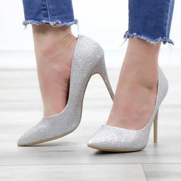Pointed Silver Glitter Shimmery Dressy Party High Heels - Picture 1 of 15